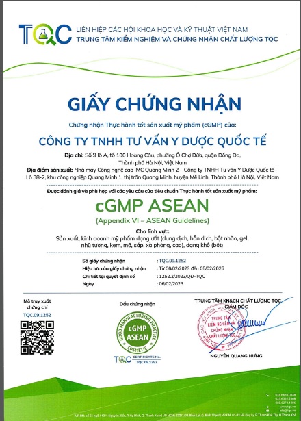 Công ty Tư vấn Y Dược Quốc tế tự hào  đạt giấy chứng nhận cGMP ASEAN về Sản xuất mỹ phẩm
