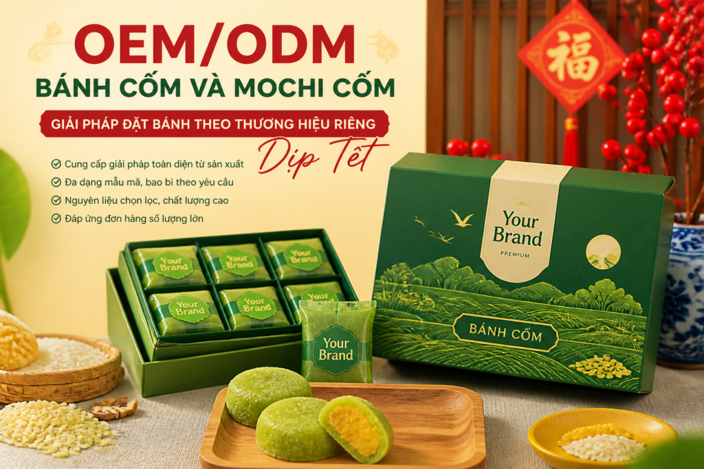 OEM/ODM BÁNH CỐM VÀ MOCHI CỐM: QUÀ TẾT THEO THƯƠNG HIỆU RIÊNG